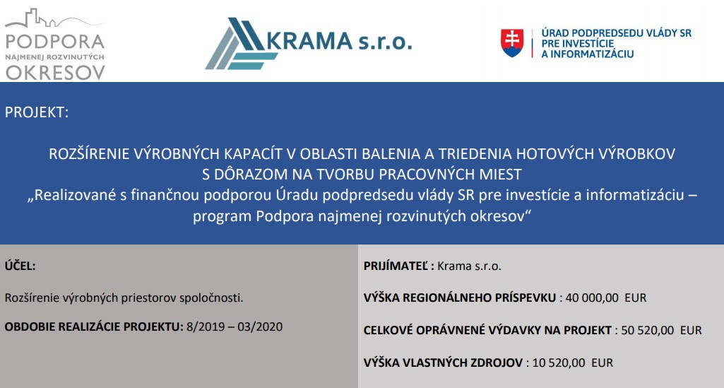 Rozšírenie výrobných kapacít v oblasti balenia a triedenia hotových výrobkov s dôrazom na tvorbu pracovných miest